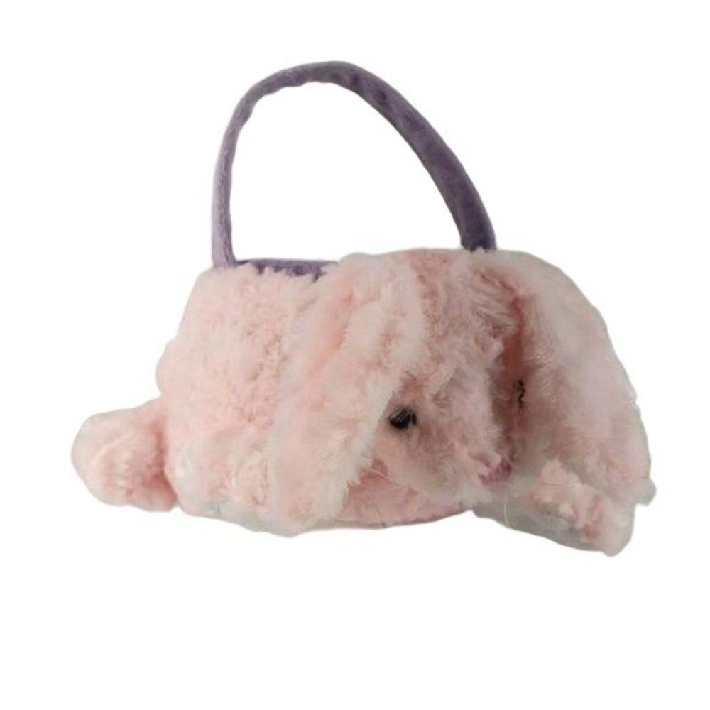 Animal Adventure Pink Plush Bunny Easter Basket Shaggy Faux Fur Purple Handle